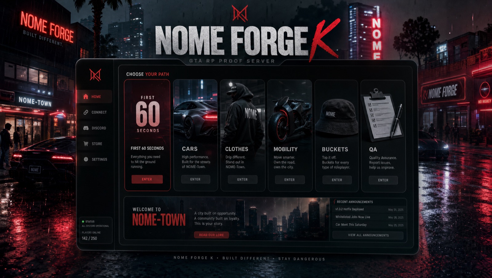 NOME Forge K launcher preview over rainy NOME-Town